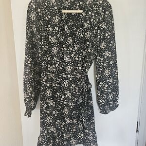 Promesa Black and White Floral Long Wrap  Dress With Ruffled Hem And Ling Sleeve